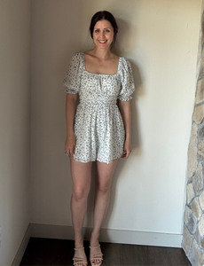 white + blue floral romper