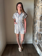 Load image into Gallery viewer, natural blue stripe romper