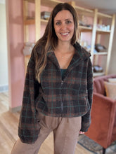 Load image into Gallery viewer, brown + green plaid sherpa jacket