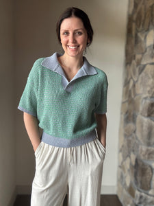 green + blue knit short sleeve collared top