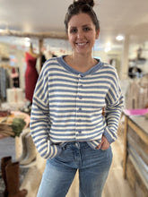 Load image into Gallery viewer, blue + ivory stripe button down cardigan