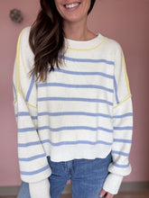 Load image into Gallery viewer, blue stripe spring sweater with yellow detailing