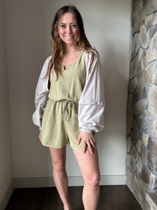 soft olive mineral washed french terry romper