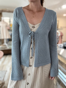 seafoam open knit tie front cardigan