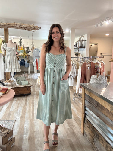 green stripe button down midi dress