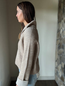 mocha mousse two-tone ribbed zip sweater