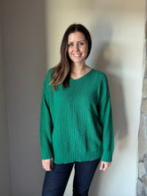 Load image into Gallery viewer, green classic cotton v-neck textured sweater