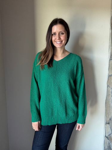 green classic cotton v-neck textured sweater