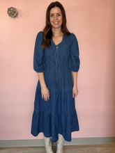 Load image into Gallery viewer, dark denim tie front tiered midi dress