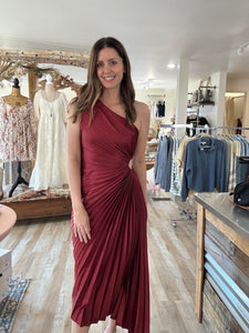 merlot satin pleated one shoulder midi dress
