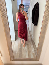 Load image into Gallery viewer, merlot satin pleated one shoulder midi dress