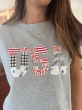 Load image into Gallery viewer, USA floral patchwork soft grey tee