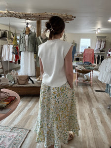 ivory green floral button midi skirt