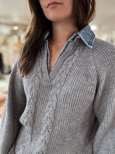 grey chunky sweater with denim contrast