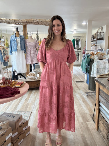 dusty rose jacquard floral midi dress