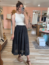 Load image into Gallery viewer, black + white polka dot midi skirt