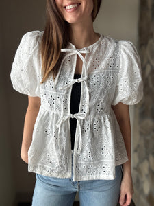 sunday stroll white eyelet front tie top