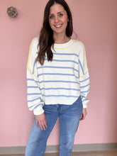Load image into Gallery viewer, blue stripe spring sweater with yellow detailing