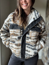 Load image into Gallery viewer, cream+brown sherpa jacket with black denim detailing
