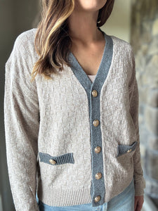 taupe checkered weave button cardigan
