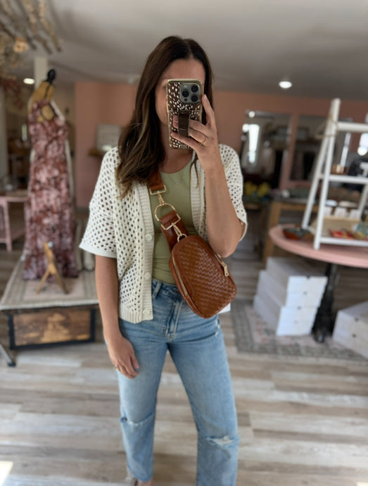 cream crochet short sleeve button cardigan
