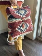 Load image into Gallery viewer, rust, brown, turquoise + tan aztec woven backpack