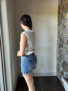 risen high rise side slit fray denim shorts