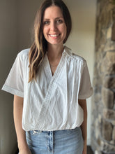 Load image into Gallery viewer, white surplice ruched cotton shirt