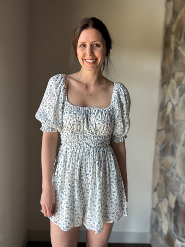 white + blue floral romper