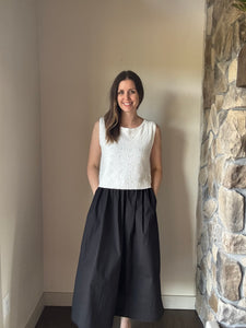 black mixed media scoop midi dress