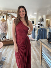 Load image into Gallery viewer, merlot satin pleated one shoulder midi dress