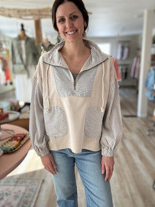 taupe stripe mix half-zip french terry sweatshirt