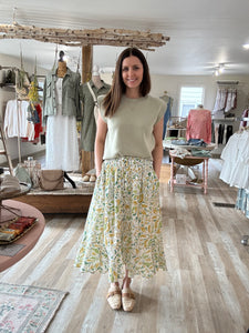 ivory green floral button midi skirt