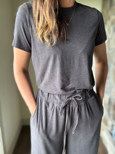 buttery-soft charcoal short sleeve jumpsuit