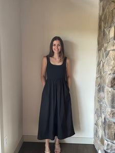 black mixed media scoop midi dress