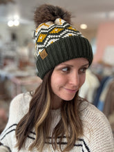 Load image into Gallery viewer, green, gold + cream nordic pom beanie