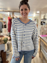 Load image into Gallery viewer, blue + ivory stripe button down cardigan