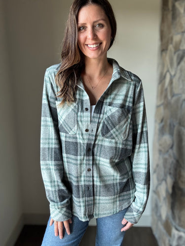 ultra soft charcoal + green plaid button down flannel