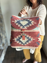 Load image into Gallery viewer, rust, brown, turquoise + tan aztec woven backpack