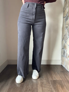 washed black cotton wide leg pants