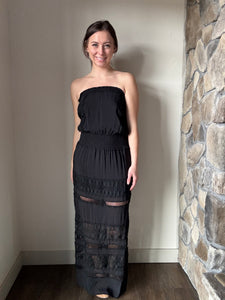 black crochet strapless maxi dress