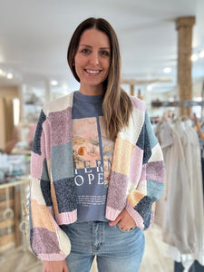 blue + lavender multi check cardigan
