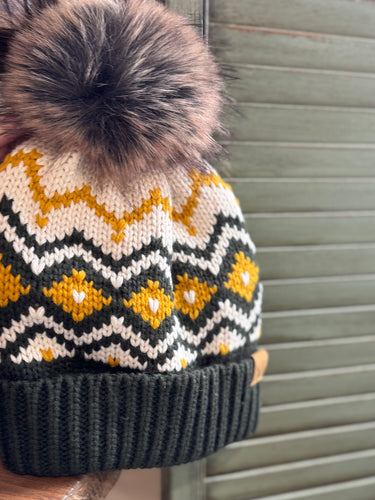 green, gold + cream nordic pom beanie