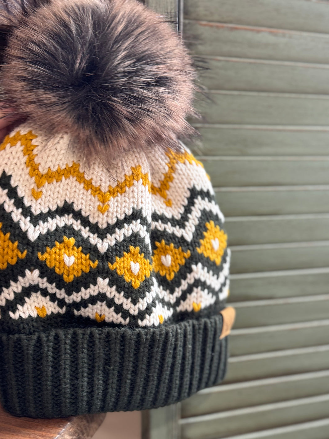 green, gold + cream nordic pom beanie