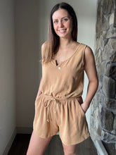 Load image into Gallery viewer, caramel mineral washed french terry romper