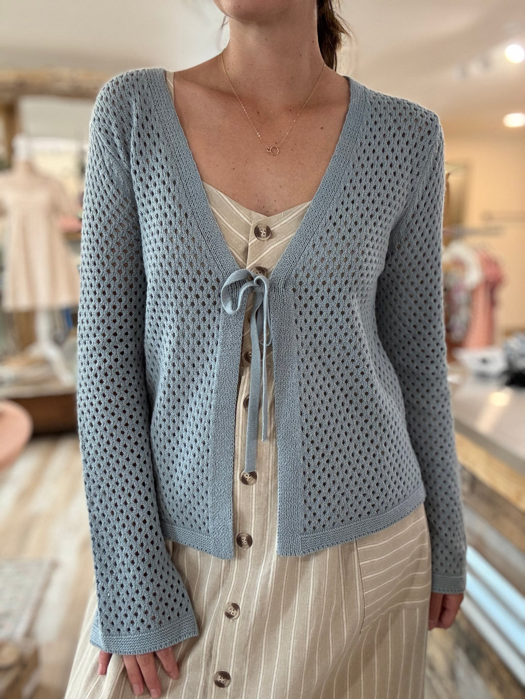 seafoam open knit tie front cardigan