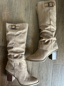 blowfish tall taupe microsuede heeled boot