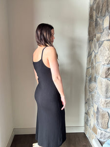 off the grid black ribbed midi dress