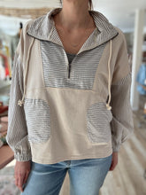 Load image into Gallery viewer, taupe stripe mix half-zip french terry sweatshirt