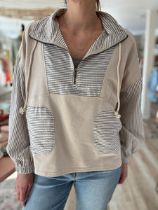 taupe stripe mix half-zip french terry sweatshirt